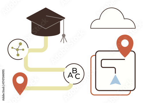 Graduation cap, map markers, connectivity nodes, and route map emphasize learning, progress, and interconnected pathways. Ideal for education, guidance, career growth goal-setting innovation