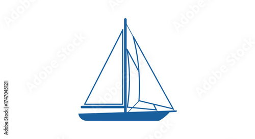 A simple blue outline drawing of a sailboat with white sails.