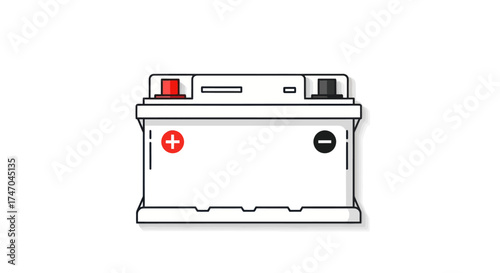 White Car Battery with Red Positive and Black Negative Terminals.