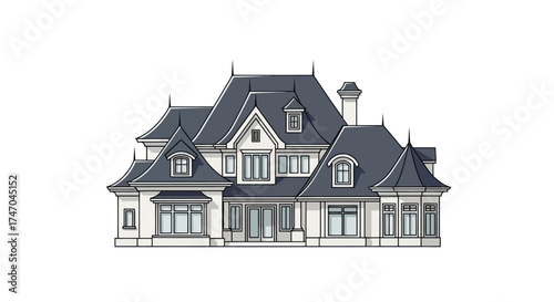 Elegant French Provincial Style Mansion with Mansard Roof and Dormer Windows.