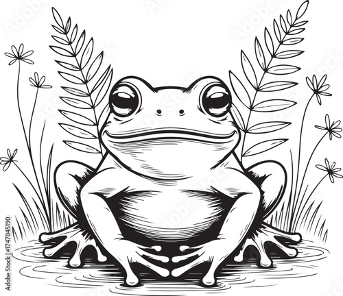 Black and white illustration of a frog sitting in water with plants amphibian animal