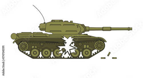 Illustration of a green military tank with a shattered white star insignia on its side.