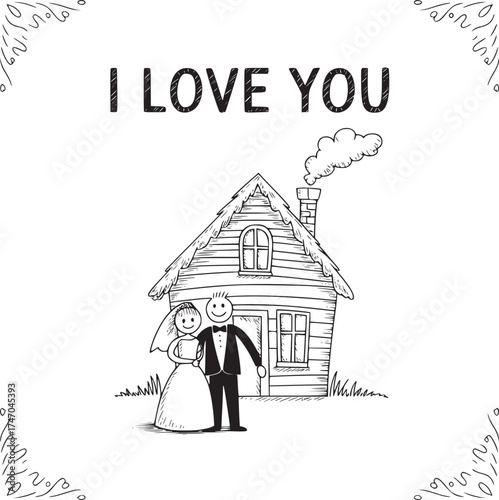 I Love You Message: A heartwarming sketch depicts a newlywed couple standing in front of their cozy home, with a message of love above. It captures the essence of starting a life together.