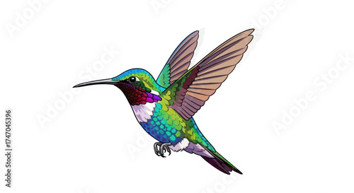 Vibrant Iridescent Hummingbird in Flight with Spread Wings.