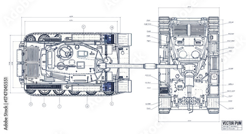 Detailed technical blueprint of a military tank with multiple views and dimensions.