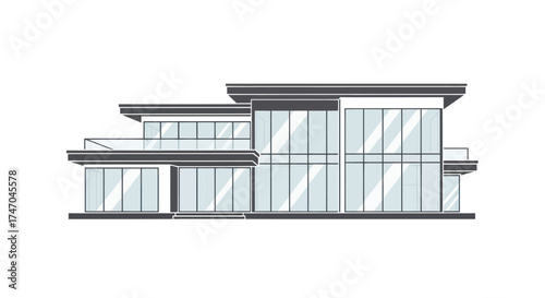 Modern Glass Facade House with Flat Roof and Balconies.