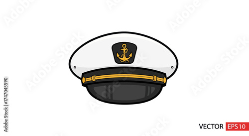 Classic white naval captains hat with a gold anchor emblem and black visor.