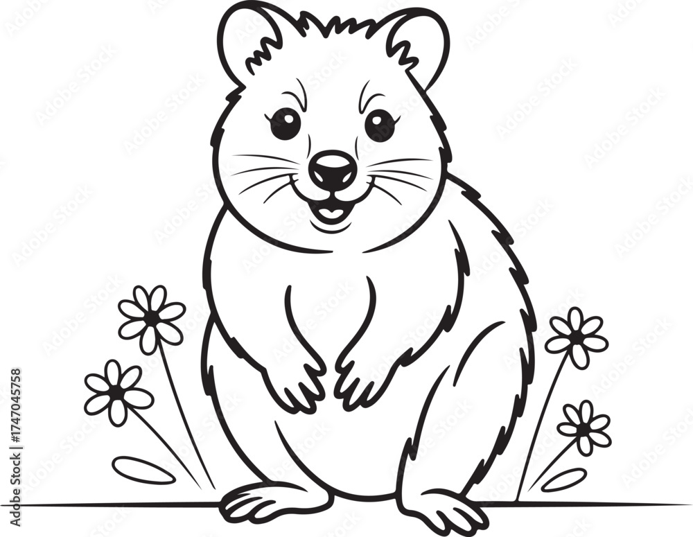 Obraz premium Happy Quokka Cartoon Character Sitting Among Flowers In Black And White animal cute