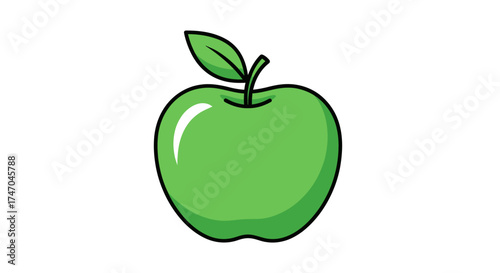 A simple cartoon illustration of a shiny green apple with a stem and a single leaf.