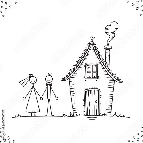 Dream Home Sketch: Hand-drawn illustration of a stick figure couple standing beside their new home. Depicting a heartwarming scene of love and togetherness.