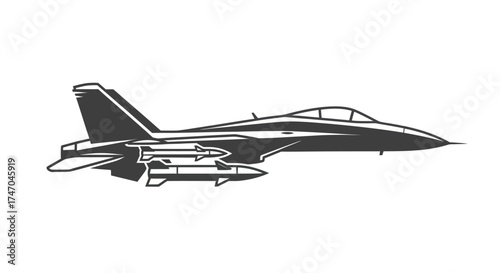Monochromatic Fighter Jet Illustration with Missiles Side View.