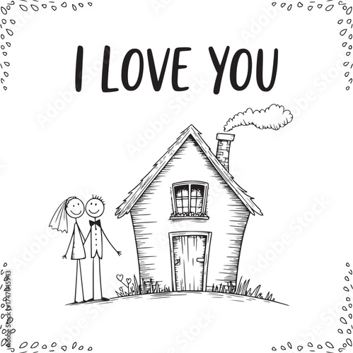 Love and Home: A heartwarming sketch depicts a loving couple standing before their cozy home, symbolizing the warmth of love and the comfort of home. 