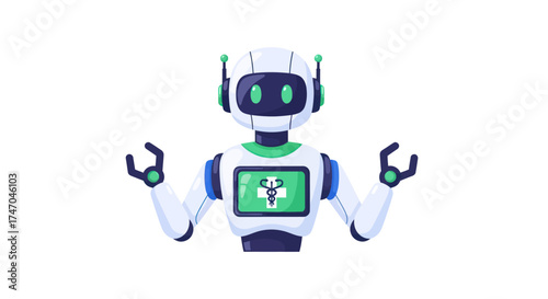 White and Blue Robot Meditating with Medical Cross on Chest Screen.