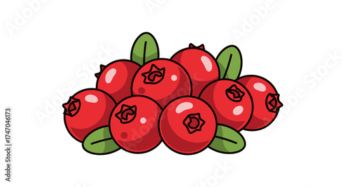 A cluster of ripe red cranberries with green leaves.