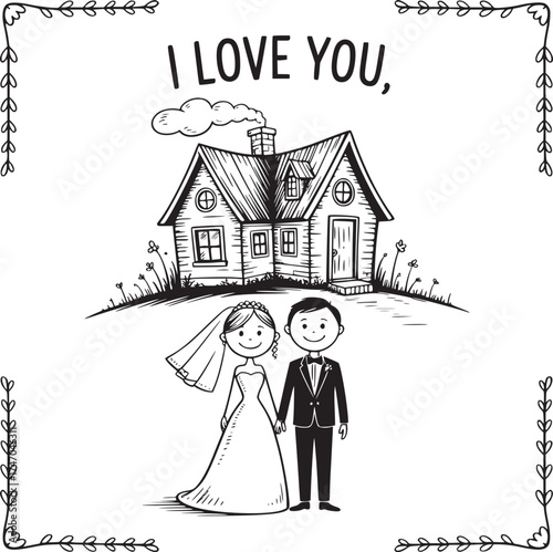 Forever Bond: A charming illustration captures the essence of a loving union, portraying a newly married couple standing hand-in-hand before their dream home.