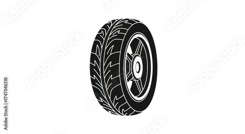 Black and White Car Tire Illustration with Tread Pattern and Wheel Rim.