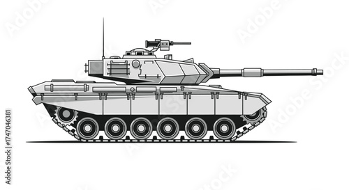 Detailed monochrome illustration of a modern military battle tank with cannon and tracks.