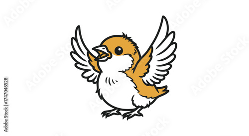 Adorable cartoon sparrow with wings spread wide appearing to sing or chirp.