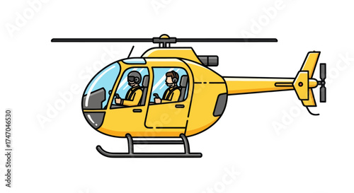 A side view illustration of a yellow light helicopter with a pilot and passenger inside the cockpit.