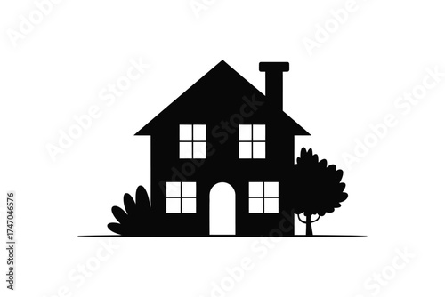 Simple silhouette of a two story house with a chimney and trees
