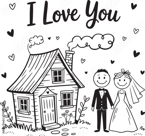 Love and Home: A charming illustration captures the essence of love, a cozy house symbolizes a life of comfort and togetherness. The lovely couple symbolizes the sweetness of wedding