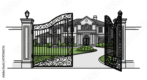 Ornate Black Wrought Iron Gates Leading to Mansion.
