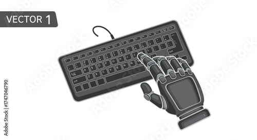 Robotic Hand Interacting with a Computer Keyboard in Monochrome.