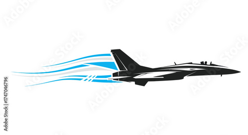 Sleek black fighter jet soaring through the sky with blue stylized contrails.