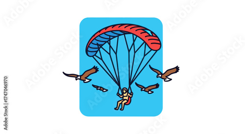 Person paragliding with eagles soaring around.