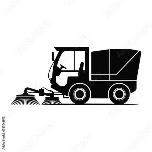 Silhouette of a street sweeper truck with brushes