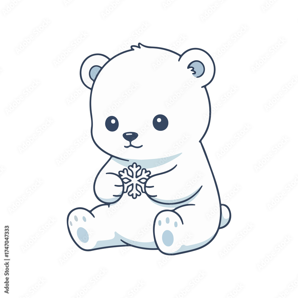 Fototapeta premium A cute baby polar bear cub sitting and holding a snowflake cartoon vector