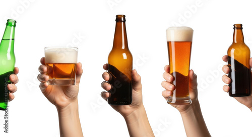 Assorted hands holding different types of beer bottles and glasses isolated on transparent background
