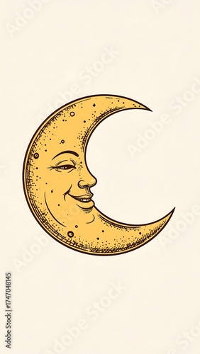 Smiling crescent moon, vintage style.  Detailed line drawing of a crescent moon with a whimsical face.  Warm yellow hue
