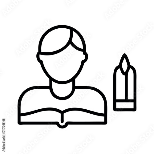 Stylized icon of a person reading a book next to a pencil or pen