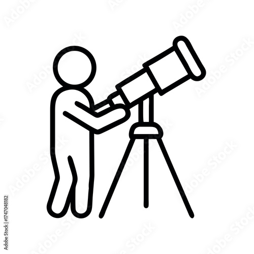Simple line art icon of a person looking through a telescope at the stars