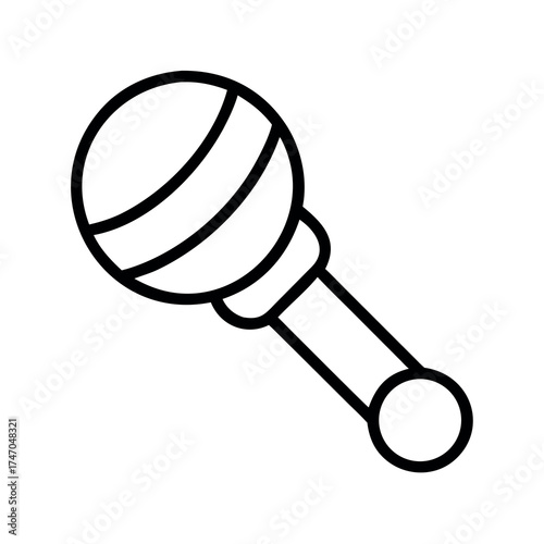 Simple line drawing of a classic baby rattle with stripes and a handle