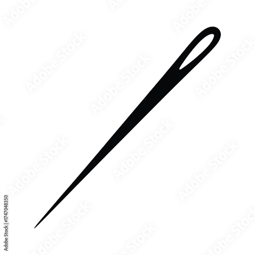 A simple black silhouette of a sewing needle with an eye