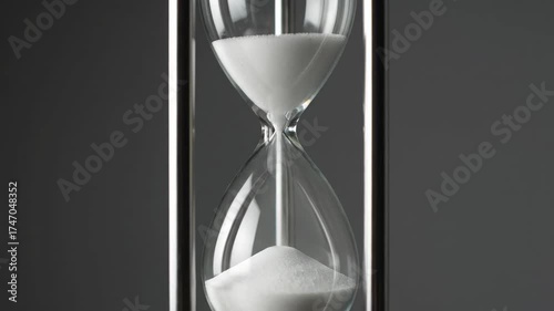 Hourglass Sand Timer Close-Up - A close-up shot features a modern hourglass with white sand partially filled in the bottom bulb. The timer has a sleek metal frame and a neutral gray backdrop.