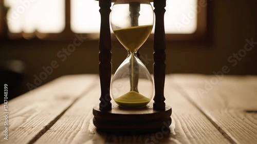 Hourglass on Rustic Wooden Table - An antique hourglass rests on a weathered wooden table with a partially visible window in the background. The golden sand is flowing, symbolizing time passing.