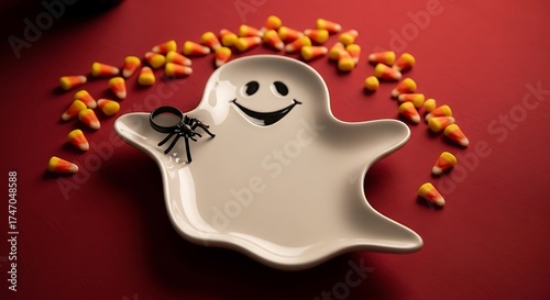 Halloween ghost plate with candy corn and spider ring on red surface