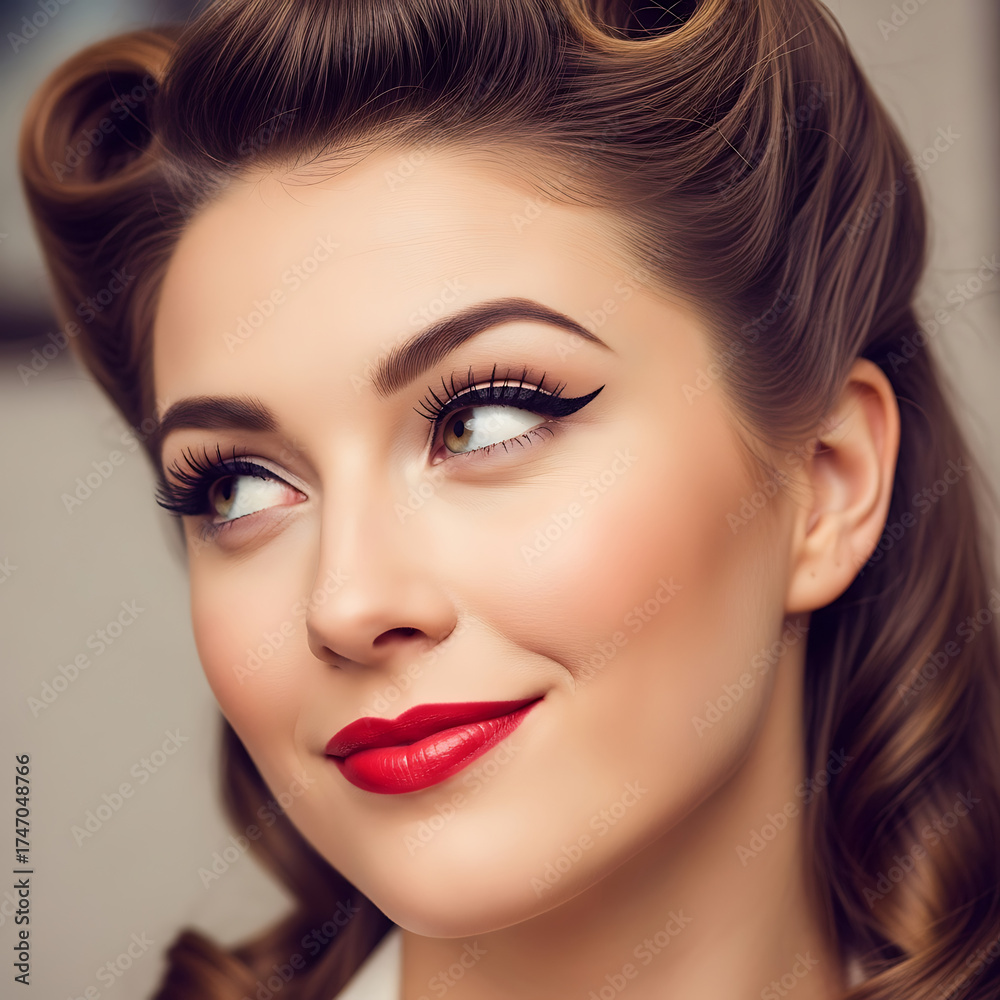 Fototapeta premium Close-up of a woman's face, with classic pin-up hair and makeup (e.g., victory rolls, red lipstick), a playful expression, looking slightly off-camera. Focus on retro beauty. 