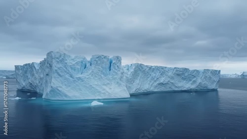 Arctic Iceberg Landscape - A large iceberg floats in the dark blue waters of the arctic, showcasing its enormous size and unique glacial formations.