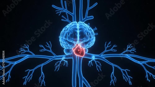 Brain Heart Connection - An illustration of the human brain and heart is shown in blue and red, respectively. The vessels surrounding the organs are also lit up in blue on a dark background.
