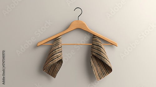 Minimalist Fashion Striped Fabric on Wooden Hanger for Apparel and Style Concepts