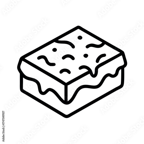 Stylized isometric line art illustration of a delicious chocolate fudge brownie