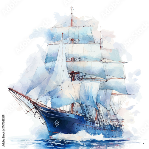 Ship, watercolor vector, isolated on a white background.