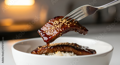 Korean BBQ steak rice bowl with sesame and glossy sauce