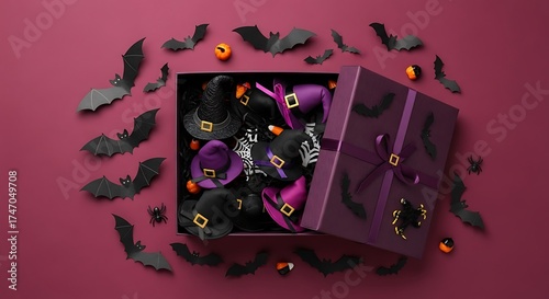 Halloween themed gift box with witch hats and bat decorations around it