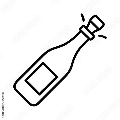 Simple line art illustration of a champagne bottle being opened with bubbles