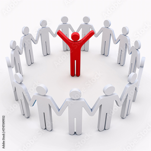 A circle of white figures holding hands with a red figure standing with arms raised in the center